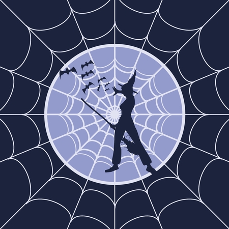 Cobweb background. Spiderweb for Halloween design. Spider web elements, spooky, scary, horror halloween decor. Standing witch silhouetteのイラスト素材