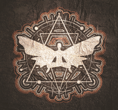 Mystery, witchcraft, occult and alchemy tattoo sign. Mystical vintage gothic geometry thin lines symbol with butterfly woman in lotus yoga poseの写真素材