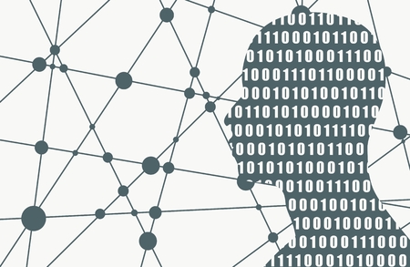 Silhouette of a man head textured by binary code. Scientific and technology background. Connected lines with dots.のイラスト素材