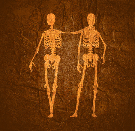 Human skeletons standing and hugging. Halloween party design template. Friends embraceの写真素材