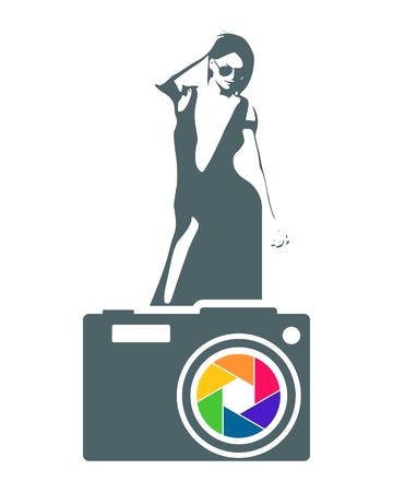 Illustration of photo camera icon with lens aperture and woman silhouetteのイラスト素材