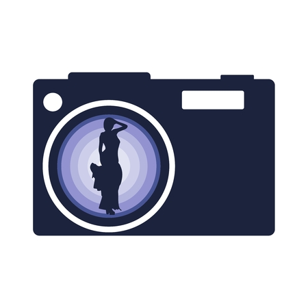Illustration of photo camera icon with lens aperture and woman silhouetteのイラスト素材