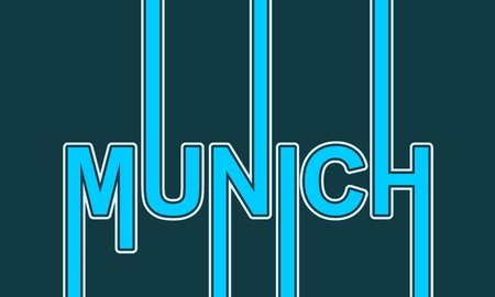 Image relative to Germany travel theme. Munich city name in geometry style design. Creative vintage typography poster concept. Neon bulbs lettersのイラスト素材