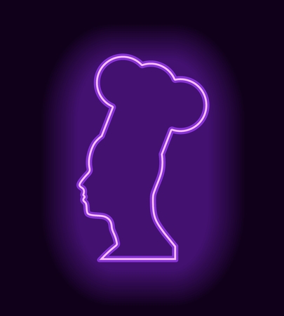 Chef in a cooking hat silhouette. Kitchen simple thin line icon. Neon bulb shineのイラスト素材
