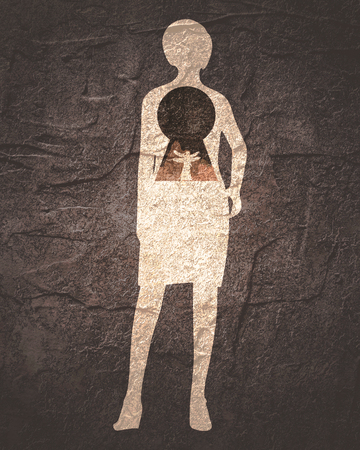 Posing young woman. Keyhole with woman silhouette.の写真素材