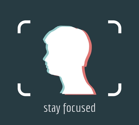 Stay focused inspirational inscription. Woman head silhouette in photo camera viewfinder frameのイラスト素材