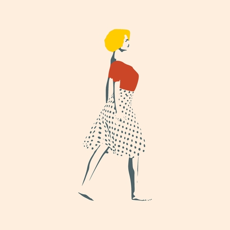 Sexy woman silhouette in dress textured by polka dot pattern. Walking ladyのイラスト素材
