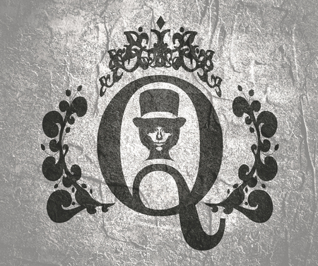 Vintage queen silhouette. Medieval queen profile. Elegant silhouette of a female head. Short hair. Royal emblem with Q letter decorated by floral patternの写真素材