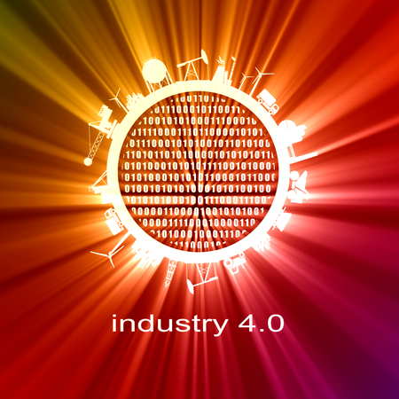 Circle with industry relative silhouettes. Objects located around the circle. Industrial design background. Binary code in the center. Industry four point zero conceptの写真素材