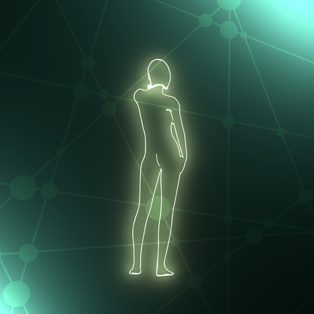 Beautiful sexy fitness girl. Pretty naked woman. Back view. Thin line style art. 3D renderingの写真素材