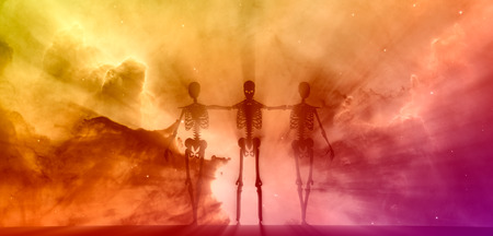 Human skeleton standing and hugging. Halloween party design template. Friends embrace.の写真素材