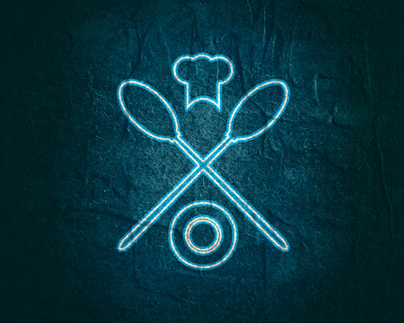 Spoon and cooking hat restaurant icons. Emblem cafe and restaurant. Neon bulb shineの写真素材