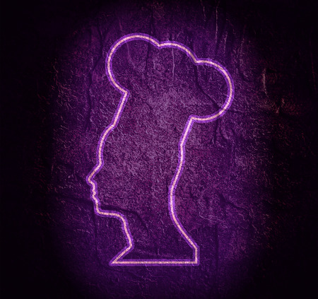 Chef in a cooking hat silhouette. Kitchen simple thin line icon. Neon bulb shineの写真素材