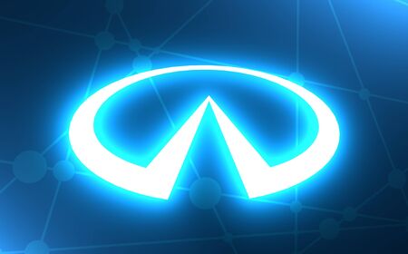 Infiniti company emblem. Infiniti is a Japan automobile manufacturer. Neon light illumination. 3D...