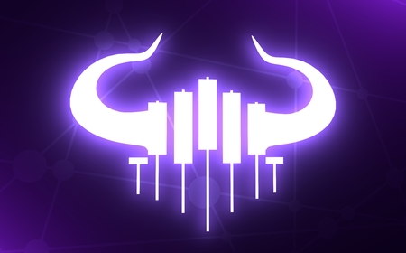 Candlestick trading chart analyzing in forex stock market. Exchange broker emblem. Bull horns and candles. Neon light illumination. 3D renderingの写真素材