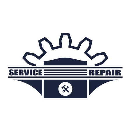 Repair service relative image. Gear crown above wrench, pistons and text. Auto emblem. Design element for brandingのイラスト素材