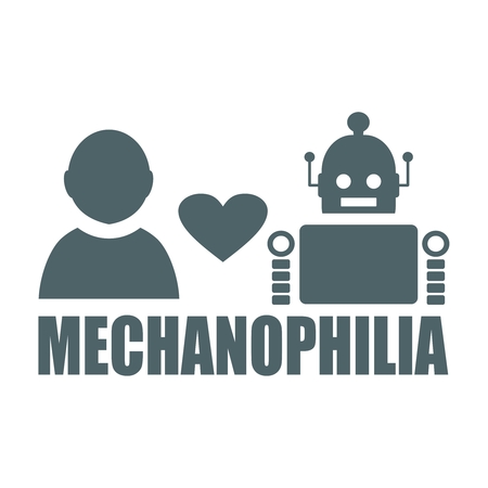 Human and robot relationships. Robotics industry relative image. Heart icon between robot and human. Mechanophilia textのイラスト素材