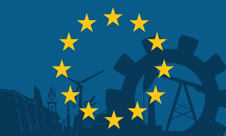 Energy and Power icons set with European Union flag. Sustainable energy generation and heavy industry.のイラスト素材