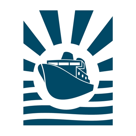 Ferry boat icon. Abstract sun burst and wavesのイラスト素材