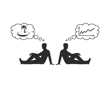 Concept of life and work balance. Men thinking about work and vacations. Abstract flat illustrationのイラスト素材