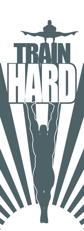 Muscular men silhouettes with train hard text. Bodybuilder holds text on sun rays backgroundのイラスト素材