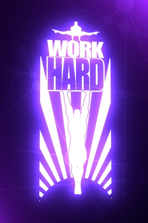 Muscular men silhouettes with work hard text. Bodybuilder holds text on sun rays background. 3D renderingの写真素材