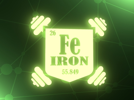 Iron text and dumbbell icon. Image relative for gym and bodybuilding. Remastered iron chemical element tag. Chemistry in metaphor design. 3D renderingの写真素材