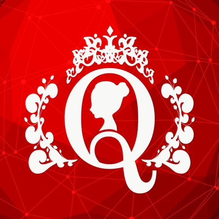 Vintage queen silhouette. Medieval queen profile. Elegant silhouette of a female head. Bun hairstyle. Royal emblem with Q letter decorated by floral patternのイラスト素材