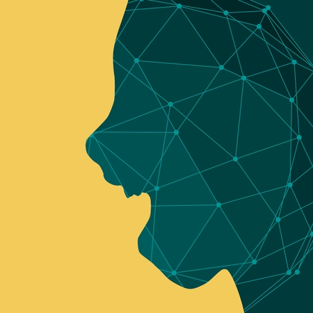 Face side view. Elegant silhouette of a female head. Surprised beautiful woman smiling with open mouth. Molecule and communication background. Connected lines with dots.のイラスト素材