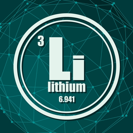 Lithium chemical element. Sign with atomic number and atomic weight. Chemical element of periodic table. Molecule And Communication Background. Connected lines with dots.のイラスト素材