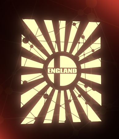 England national flag on sunburst background. Card template for national holiday celebration. Red and white rays textured by lines with dots. 3D renderingの写真素材