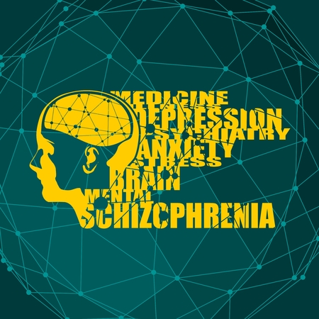 Abstract illustration of a human head with brain. Woman face silhouette. Medical theme creative concept. Connected lines with dots. Schizophrenia disease tags cloudの写真素材