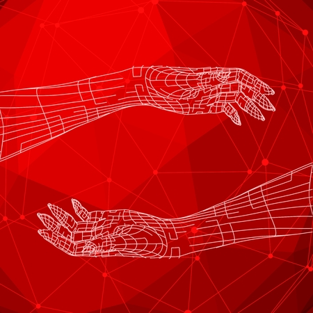 Polygonal hands. Wire frame style. Molecule and communication background. Connected lines with dots.のイラスト素材