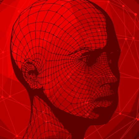 Head of the person from a 3d Grid. Human head wire model. 3D geometric face design. Polygonal covering skin. Connected lines with dots.のイラスト素材