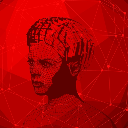 Head of the person from a 3d Grid. Human head wire model. 3D geometric face design. Polygonal covering skin. Connected lines with dots.のイラスト素材