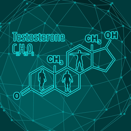 Chemical molecular formula hormone testosterone. Infographics illustration. Man silhouetteのイラスト素材