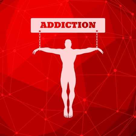 Man chained to Addcition word. Unhealth addiction metaphor. Connected lines with dots.のイラスト素材