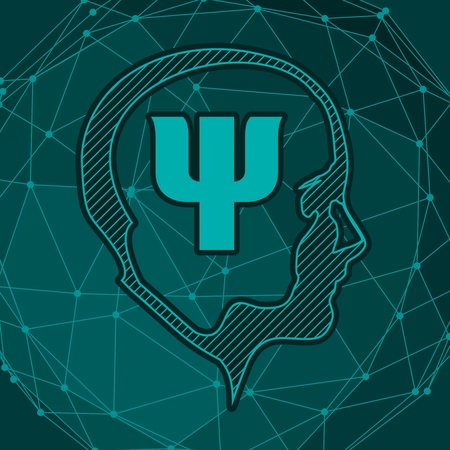 Silhouette of a man head. Mental health relative brochure, report design template. Scientific medical designs. Connected lines with dots. Psi symbol in the headのイラスト素材