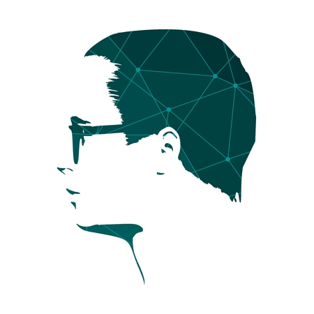 Man avatar side view. Gradient paint male face silhouette or icon. Portrait with sunglasses. Silhouette textured by lines and dots patternのイラスト素材