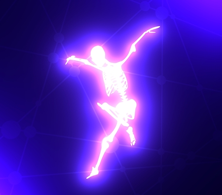 Human skeleton jump. Connected lines with dots. 3D rendering. Halloween party design templateの写真素材