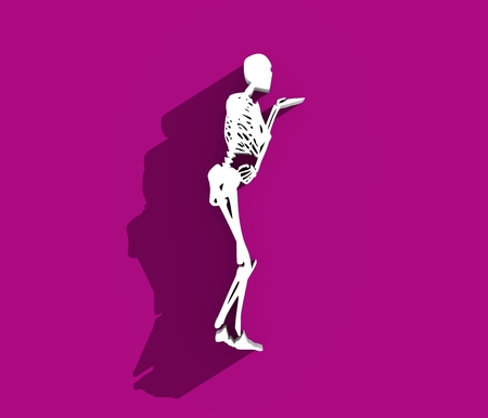Human skeleton who sends an air kiss. Halloween party design template. 3D rendering. Web icon with long shadowの写真素材