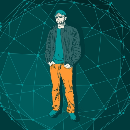 Portrait of a handsome man dressed in t-shirt, jacket and jeans. Abstract illustration. Ink sketch effect. Textured by lines and dots patternのイラスト素材