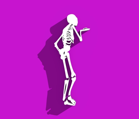 Human skeleton who sends an air kiss. Halloween party design template. 3D rendering. Web icon with long shadowの写真素材