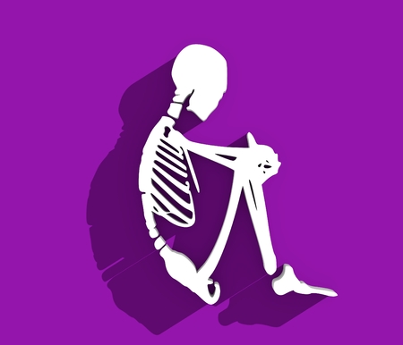 Human skeleton sitting. Halloween party design template. Web icon with long shadow. 3D renderingの写真素材