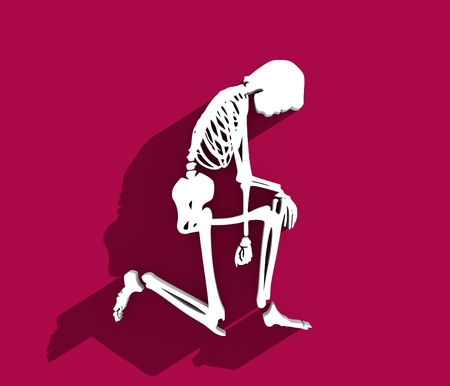 Human skeleton kneeling. Halloween party design template. 3D rendering. Web icon with long shadowの写真素材
