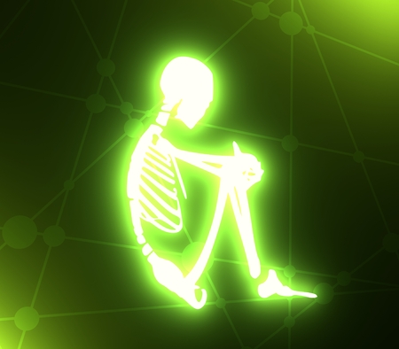 Human skeleton sitting. Halloween party design template. 3D renderingの写真素材