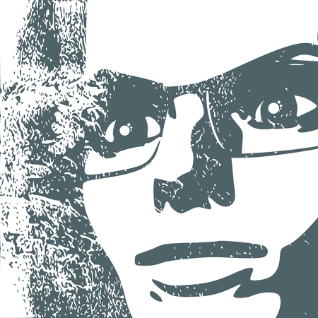 Face half turn view. Elegant silhouette of a woman wearing spectacles. Grunge textureのイラスト素材