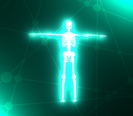 Human skeleton posing. Halloween party design template. 3D renderingの写真素材