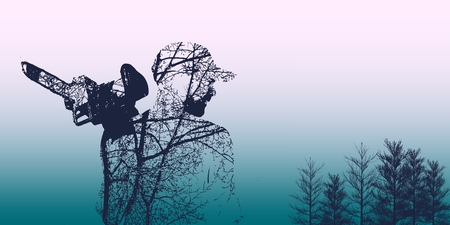 Double exposure of bearded brutal man with chainsaw. Tree branch on body.のイラスト素材