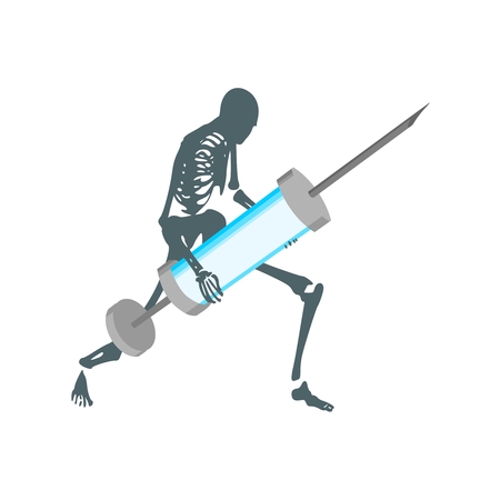 Abstract image relative to drugs addiction. Pharmacy and medicaments. Skeleton silhouette holding isometry volumetric syringeのイラスト素材